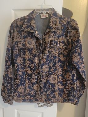 bill blass SzPL Cotton Navy Denim Jacket with Tan burnt velvet Floral Print